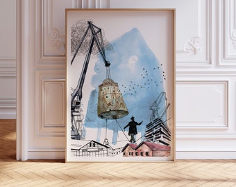 Industrial City Art Print, Dreamy Artwork, Industrial Cranes, Limited edition Giclee print, Architecture Art, Modern Wall Print, Wall Decor