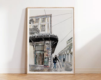 City Cycler Art Print, Arte de la ciudad de Atenas, Estilo de vida urbano, Impresión de arquitectura del centro de la ciudad de Atenas, Arte de edificios de Atenas, Impresión de arte ciclista