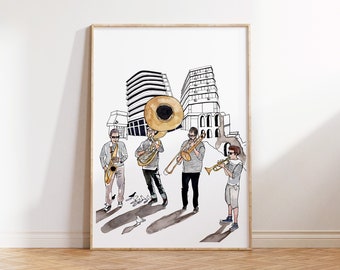 Impresión de arte de músicos callejeros, impresión de arte de música de jazz, decoración de pared moderna, impresión Giclee de edición limitada, impresión arquitectónica mínima