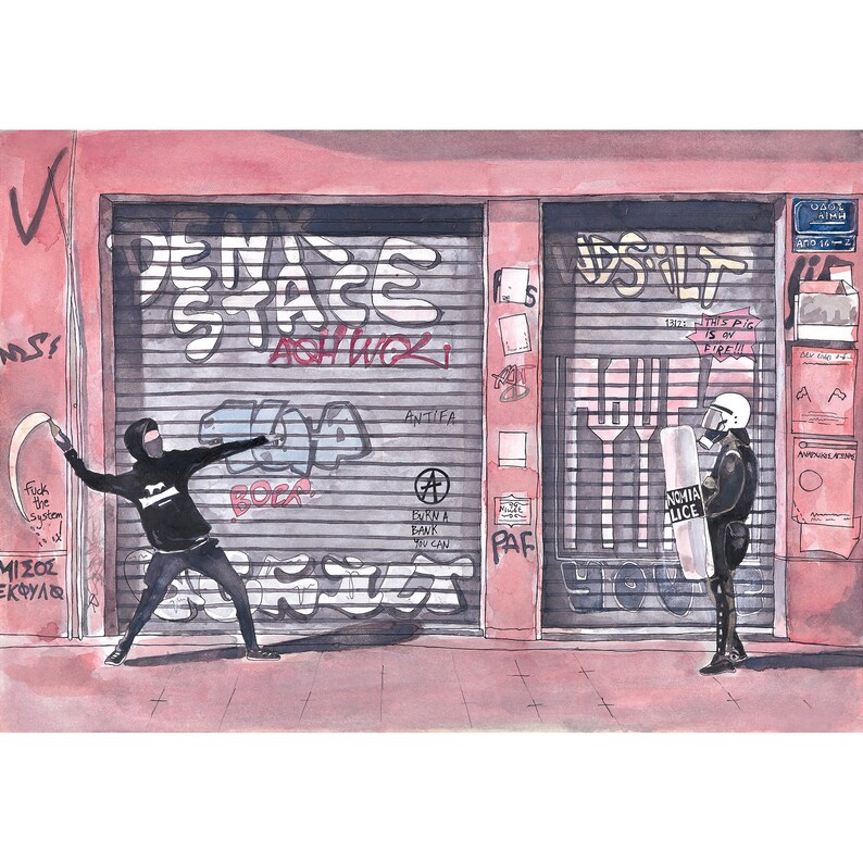 Streets of Athens Art Print,Athens Anarchy, Graffiti in Athens Print, Large Art Print, Architectural Art Print, Limited Edition Giclee Print image 1