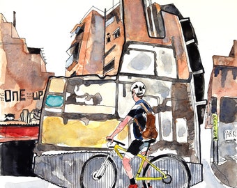 Athenian Cycler, Cycling Art, Walls, Athenian Buildings, Athens Watercolor Art, Athens Architecture Artwork, Home Decor Athens, Home Decor