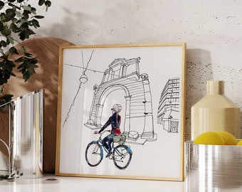 Impresión giclee de chica en bicicleta, ilustración de arquitectura de Atenas, arte ciclista, arte del paisaje urbano, impresión giclee de pintura de acuarela