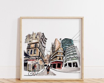 Impresión arquitectónica de Giclee, Ilustración de Atenas, Arte ciclista, Arte del paisaje urbano de Atenas, Impresión Giclee de edición limitada de pintura de acuarela