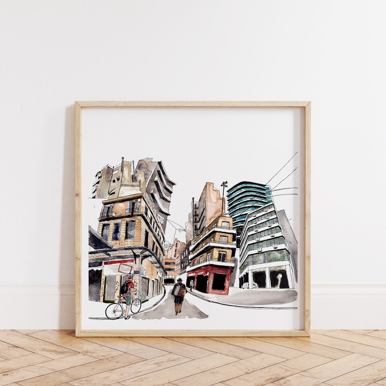 Architectural Giclee Print, Athens Illustration, Cycling Art, Cityscape of Athens Art, Limited Edition Giclee Print from Watercolor Painting image 1
