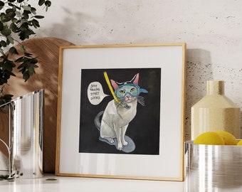 Gato snorkel, impresión de gato, arte cómico, impresión de arte de gato, gatos griegos, impresión de arte de gato divertido, regalo para buceador, regalo para él, regalo para ella