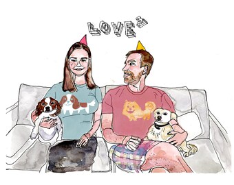 Couple Love Print, Humorous Portraits, Limited Edition Giclee Print, Dogs Illustration, Wedding gift, Family portrait with dogs