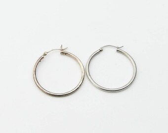 Vintage Sterling Silver Classic Round Hollow Tube Hoop Earrings ~1 Inch Diameter