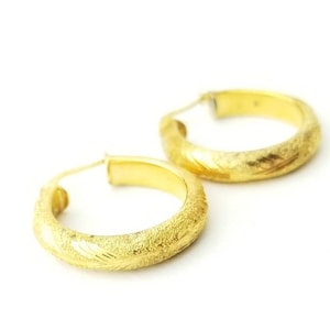 Vintage Sterling Silver with Gold Vermeil Art Deco Patterned Wide Hoop Earrings