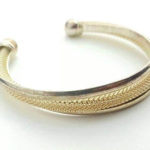 Vintage Sterling Silver Modernist Asymmetrical Cuff Bracelet with Gold Tone Mesh Tube Center, Half-Round Borders, and Round End Caps