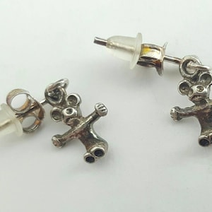 Petite Vintage Sterling Silver Dimensional Cartoon Mouse or Bear Charm Stud Earrings