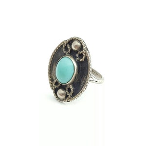 Vintage Rustic Mexican Sterling Silver and Turquoise Artisan Ring- Size 5.5- Signed