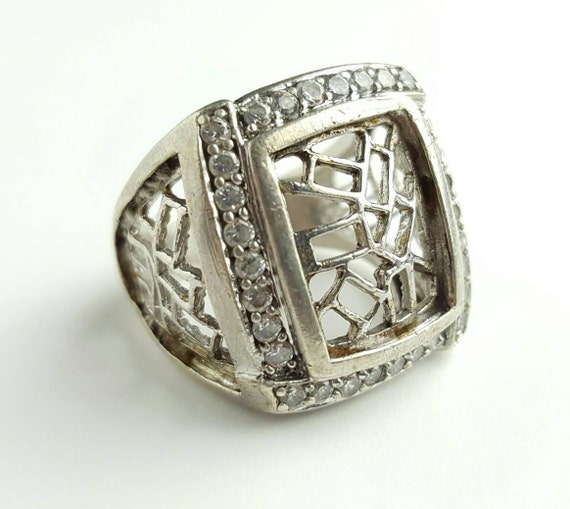 Epic Vintage Sterling Silver Square with Clear Gemstone Border and Rectangle Filigree Ring- Size 7.25