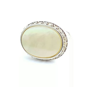 Vintage Large Sterling Silver Mother of Pearl and Clear Gemstone Accent Ring- Size 8