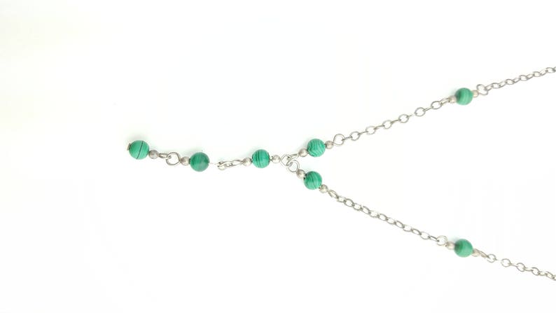 16 Inch Length Dainty Sterling Silver Malachite Beaded Chain Y Necklace