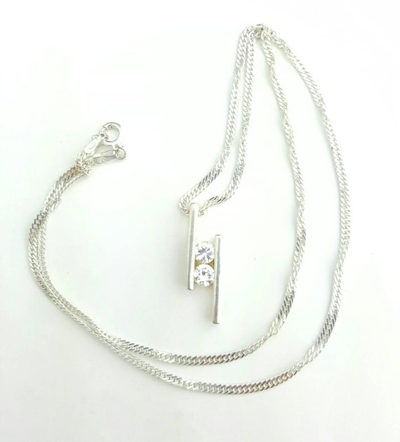 Vintage Sterling Silver Modernist Asymmetrical Double Clear Gemstone Pendant on Loose Spiral Curb Link Chain Necklace- 16 Inch Length