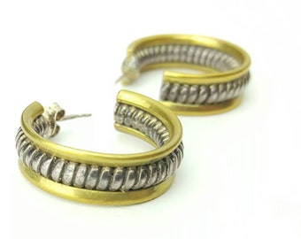 Thick Vintage Silpada-Style Sterling Silver Spiral and Gold Tone Border Post Hoop Earrings