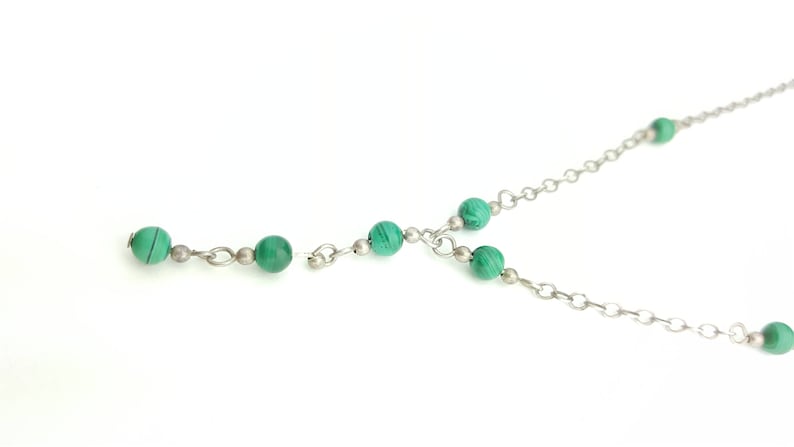 16 Inch Length Dainty Sterling Silver Malachite Beaded Chain Y Necklace