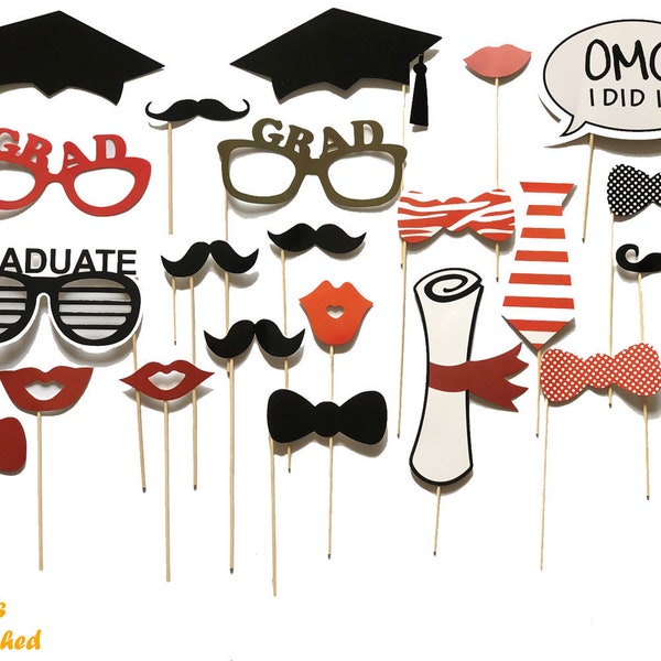 Graduation Party Photo booth props, graduation party decorations, attached to the sticks, NO DIY REQUIRED