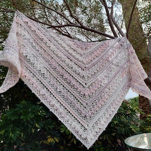 Peut inclure: Un châle en crochet délicat dans des tons de rose et de blanc, avec un motif ajouré et des bords festonnés. Le châle est drapé sur une branche d'arbre, créant une ambiance douce et romantique.
