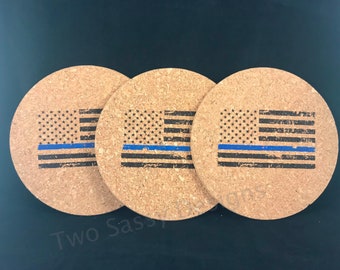 Thin Blue Line Gift, Laser Engraved Cork Trivets, Laser Engraved Thin Blue Line Hot Pads, Laser Engraved Trivets, Police House Warming Gift