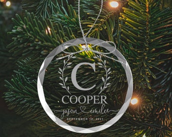 Personalized Glass Christmas Ornament: Engraved Wedding Ornament