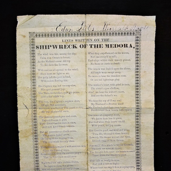 1840's Lines Written on the SHIPWRECK of the MEDORA, Nautical Broadside Poem