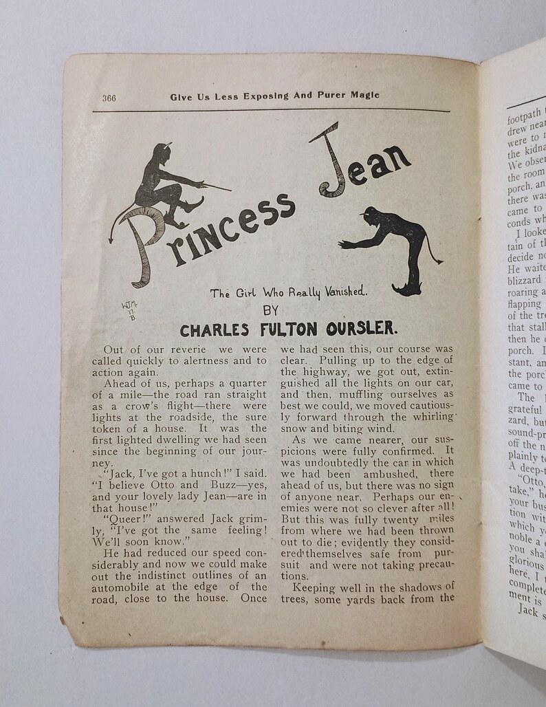 Puede incluir: Una p&aacute;gina de un libro antiguo titulada Princess Jean, The Girl Who Really Vanished por Charles Fulton Oursler. La p&aacute;gina presenta ilustraciones en tinta negra de dos figuras con cuernos y texto impreso en columnas, con el n&uacute;mero de p&aacute;gina 366 arriba.