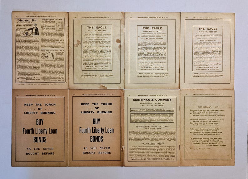 Puede incluir: Ocho p&aacute;ginas de papel vintage dispuestas en dos filas, con texto impreso en negro e ilustraciones sobre papel envejecido de color blanco roto. El contenido incluye anuncios de trucos de magia, la revista The Eagle y bonos de guerra de la Primera Guerra Mundial.