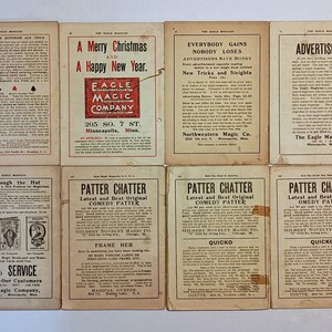 Puede incluir: Ocho p&aacute;ginas de papel vintage de la revista The Eagle Magician, dispuestas en dos filas. Las p&aacute;ginas presentan texto impreso en negro, anuncios de trucos de magia e informaci&oacute;n de la empresa, sobre papel envejecido de color crema.