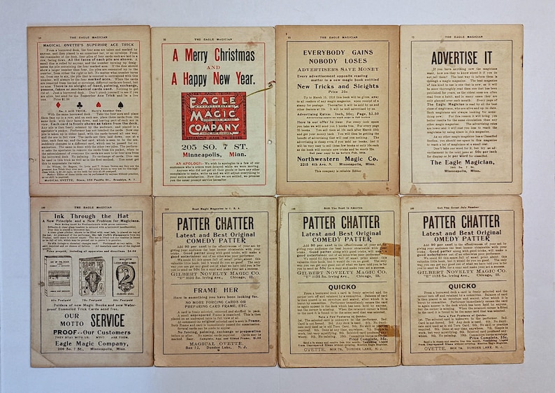 Puede incluir: Ocho p&aacute;ginas de papel vintage de la revista The Eagle Magician, dispuestas en dos filas. Las p&aacute;ginas presentan texto impreso en negro, anuncios de trucos de magia e informaci&oacute;n de la empresa, sobre papel envejecido de color crema.
