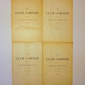 May include: Four vintage copies of "A Club Corner" are displayed, each with a cream-colored cover and black text. The title is centered at the top, with the publisher's name below. The pages show signs of age.
