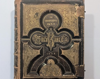 1873 Brown's Self-Interpreting HOLY BIBLE, Engravings Illustrations & Color Maps, Leather Binding, Marriage/Birth/Death Records, Photo Slots