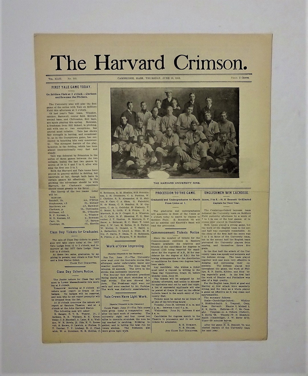 1903 the Harvard Crimson Newspaper Team Baseball Photo and