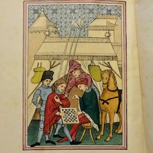 May include: An illustration of a medieval chess game. Four figures are depicted, two playing chess, one standing by, and one on horseback. The scene is set in a tent with a checkered background.