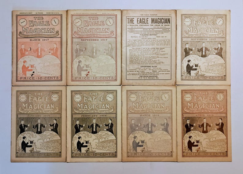 Puede incluir: Ocho n&uacute;meros antiguos de la revista The Eagle Magician de 1917 y 1918. Cada portada presenta ilustraciones de magos realizando trucos, el t&iacute;tulo y un precio de 10 centavos. La colecci&oacute;n incluye varias ediciones mensuales.