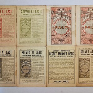Puede incluir: Ocho anuncios de papel antiguos para la Pentz's Active League of Magicians, con textos como SOLVED AT LAST! y SECRET MARKED DECK. Las impresiones son en tonos rojos, verdes y negros sobre papel envejecido de color blanco roto con ilustraciones.
