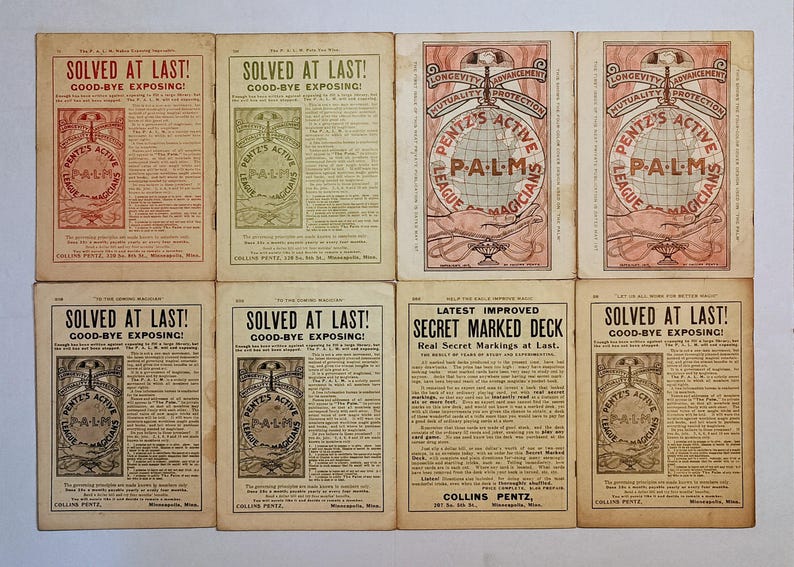 Puede incluir: Ocho anuncios de papel antiguos para la Pentz's Active League of Magicians, con textos como SOLVED AT LAST! y SECRET MARKED DECK. Las impresiones son en tonos rojos, verdes y negros sobre papel envejecido de color blanco roto con ilustraciones.