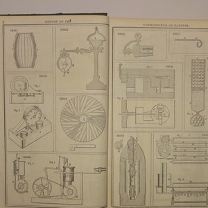 May include: A page from a book titled "Report of the Commissioner of Patents" showing various black and white illustrations of inventions. The illustrations include a barrel, a scale, a machine with gears, a fan, a pump, a device with a lever, and a device with a series of tubes.