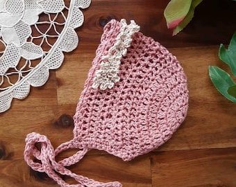 Vintage Style Baby Bonnet Crochet Knit with lace detail. Cotton yarn.