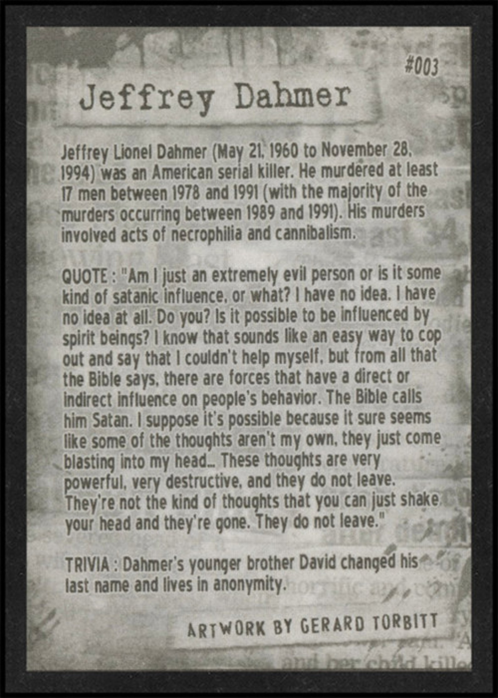 Jeffrey Dahmer is Card Number 3 From the Original Serial | Etsy