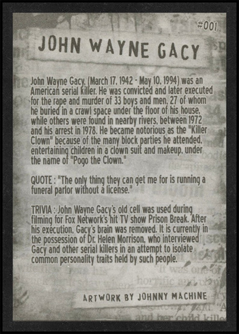 John Wayne Gacy Is The Number 1 Card From The Original Serial Etsy