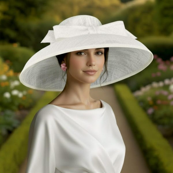 M22025 Soft white – Audrey Hepburn Hat | 19.75” Jumbo Wide-Brim Sinamay Derby Hat