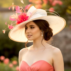 M935 Ivory/Orange/Hot pink Wide-Brim Sinamay Hat – Kentucky Derby | Royal Ascot | Wedding | Garden Party | Church | Easter |Custom Hat