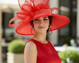 M22021( Red ) Kentucky Derby hat, Wedding hat, Easter hat, Royal Ascot hat, Jumbo Bow Wide Brim Sinamay Hat