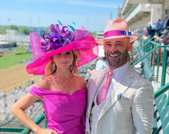 SD20( fuchsia/Navy/Teal/Purple) Kentucky Derby hat Wedding hat Horse Race Royal Ascot Crin Bow Veil Feather flower Wide Brim Hat