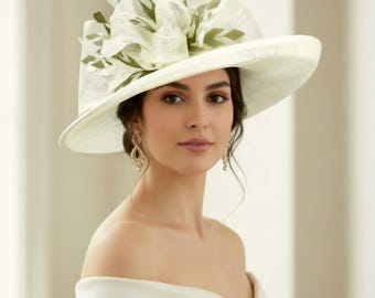 M4003 ( Ivory/Olive Green )Kentucky Derby hat, Church hat, Wedding hat, Easter hat, Mother of Bride hat, Ascot hat, Medium Brim Sinamay Hat
