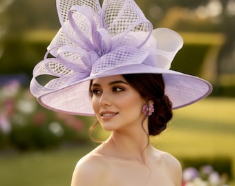 M22021( Lavender ) Kentucky Derby hat, Wedding hat, Easter hat, Royal Ascot hat, Jumbo Bow Wide Brim Sinamay Hat