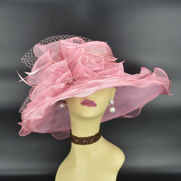 ED319 ( Blush pink ) Kentucky Derby hat, Church hat, Wedding hat, with Ribbon Bow and Feathers Medium Brim 5" Organza Dress Hat