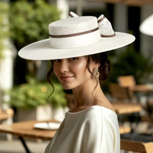 M23156 (White/Brown) Medium Flat-brim Sinamay Fascinator hat for Kentucky Derby hat, Wedding hat, Easter hat, Easter hat, Ascot hat
