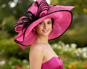 M23157 Hot pink/Black Wide-Brim Sinamay Hat with Jumbo Bow – Kentucky Derby | Royal Ascot | Wedding | Garden Party | Church | Easter
